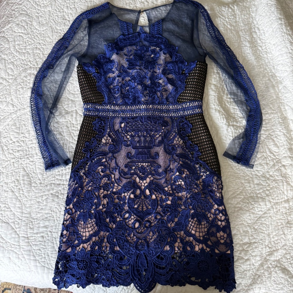 Snidel x Brigitte Bardot Blue Lace Mesh Cocktail Dress Size M Sheer Sleeve Mini